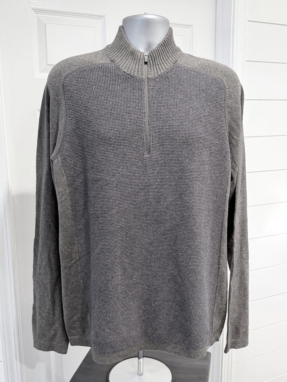 Eddie Bauer Men's L Quarter Zip Pullover Sweater Green Gray Merino Wool Blend
